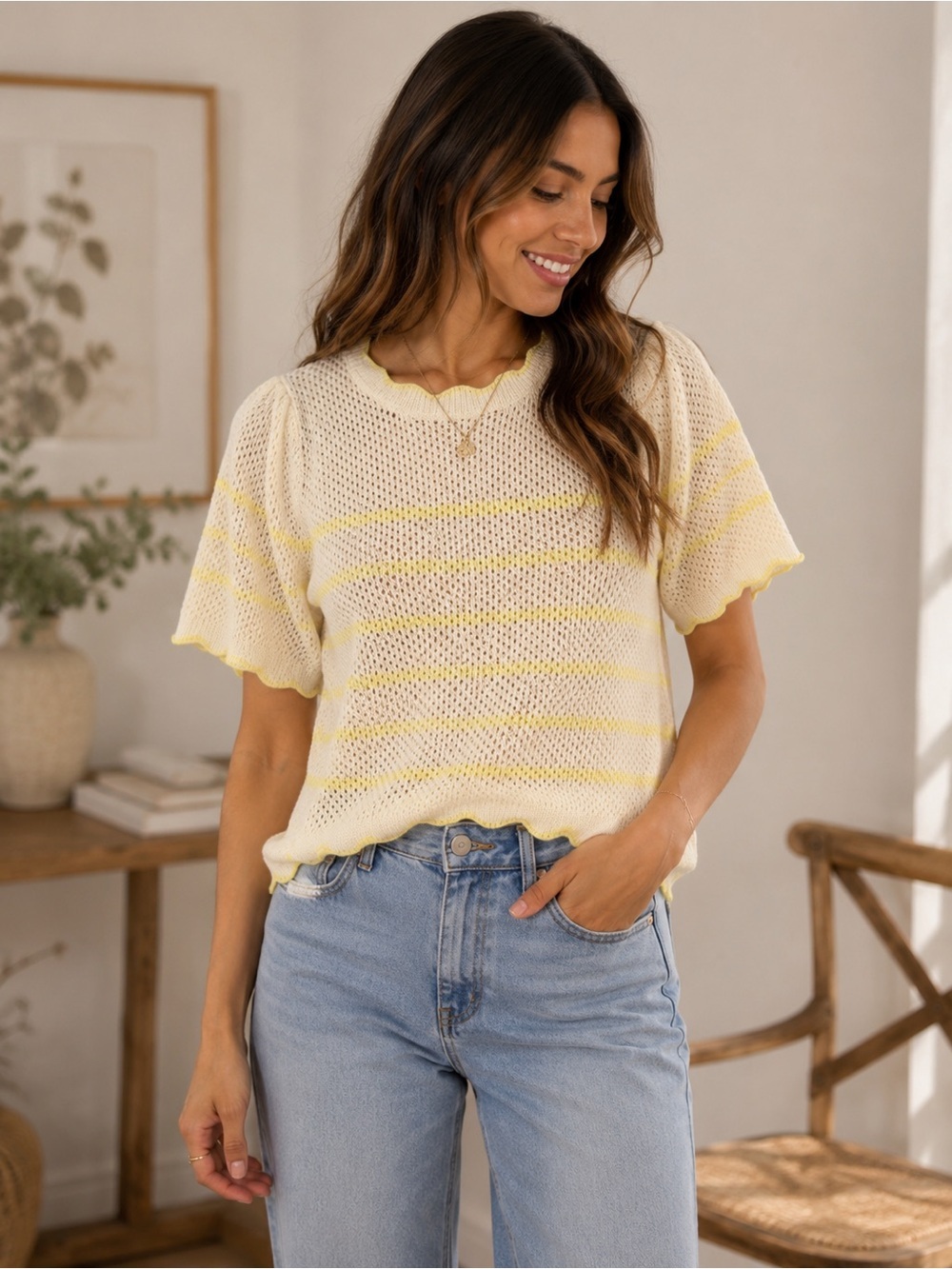 Wit & Wisdom Cream Yellow Stripe Knit Short Sleeve Sweater Size L